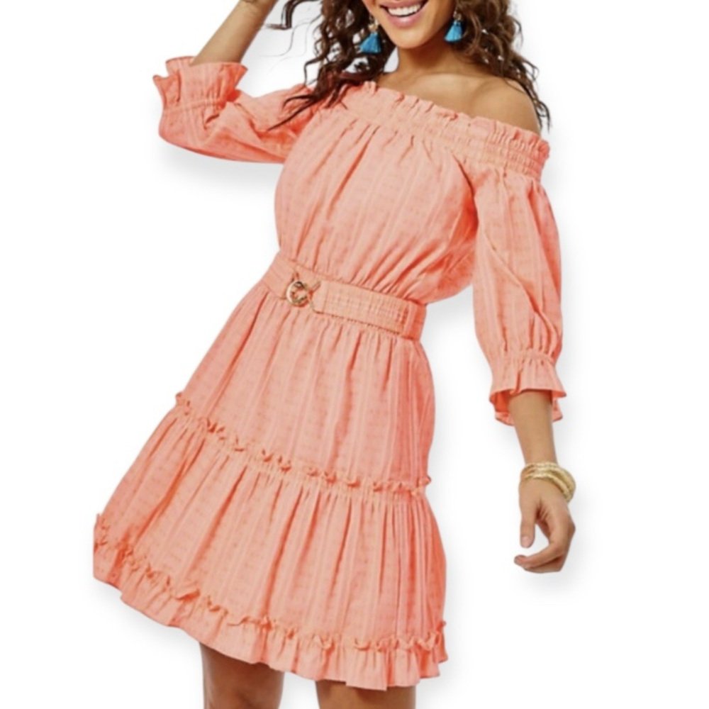 LILLY PULITZER Louisa Dress Papaya Punch Off The Shoulder Belted Tiered Mini NWT - Picture 4 of 13
